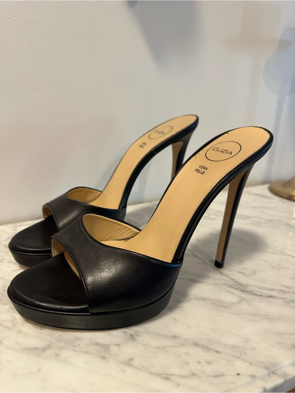 Vera Pelle Black Leather Platform Slide Heels size 41